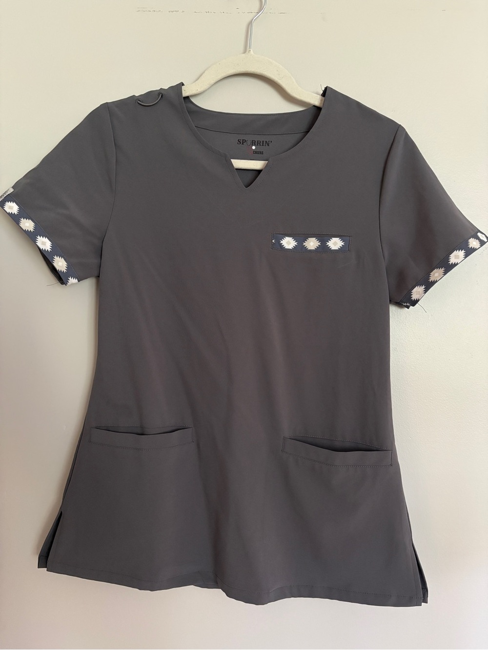 Charcoal Gray V-Neck Women’s Scrub Top with Aztec Print Trim